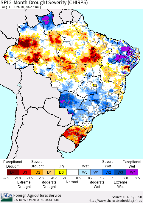 Brazil SPI 2-Month Drought Severity (CHIRPS) Thematic Map For 8/11/2022 - 10/10/2022