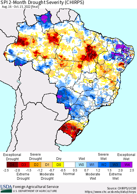 Brazil SPI 2-Month Drought Severity (CHIRPS) Thematic Map For 8/16/2022 - 10/15/2022