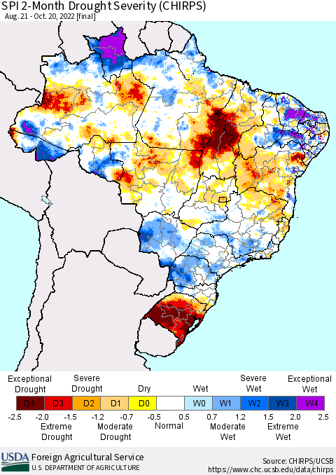 Brazil SPI 2-Month Drought Severity (CHIRPS) Thematic Map For 8/21/2022 - 10/20/2022