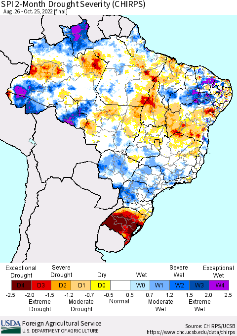 Brazil SPI 2-Month Drought Severity (CHIRPS) Thematic Map For 8/26/2022 - 10/25/2022