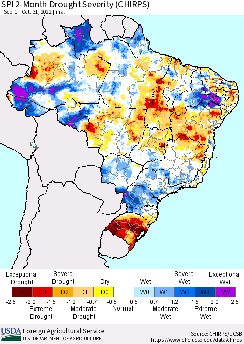 Brazil SPI 2-Month Drought Severity (CHIRPS) Thematic Map For 9/1/2022 - 10/31/2022