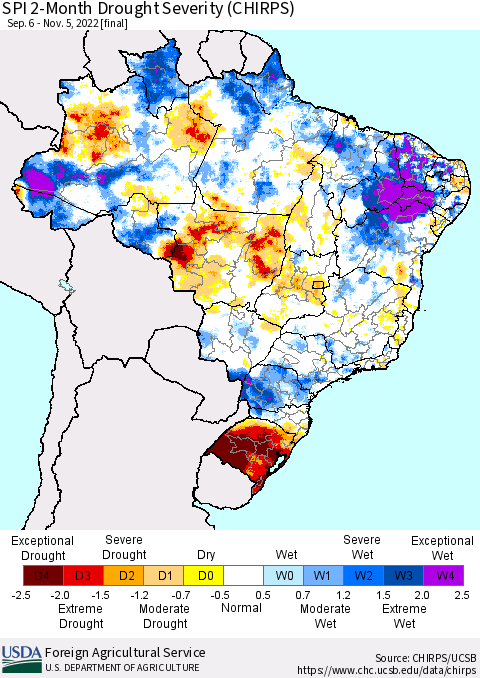 Brazil SPI 2-Month Drought Severity (CHIRPS) Thematic Map For 9/6/2022 - 11/5/2022