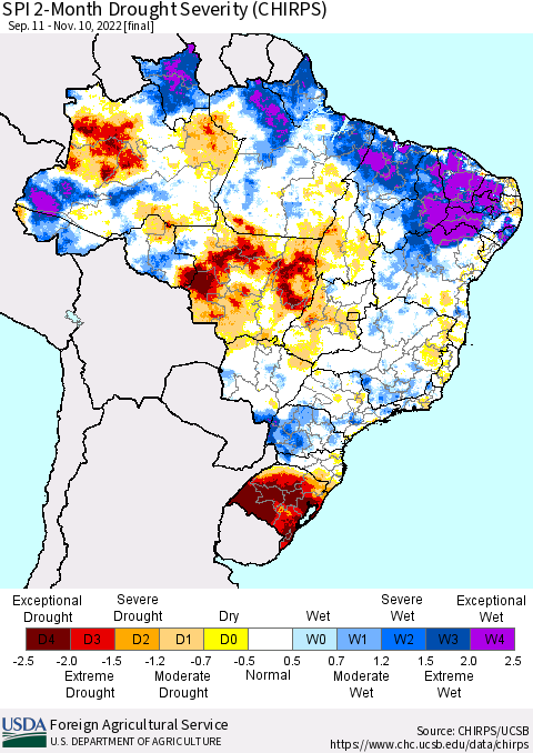 Brazil SPI 2-Month Drought Severity (CHIRPS) Thematic Map For 9/11/2022 - 11/10/2022