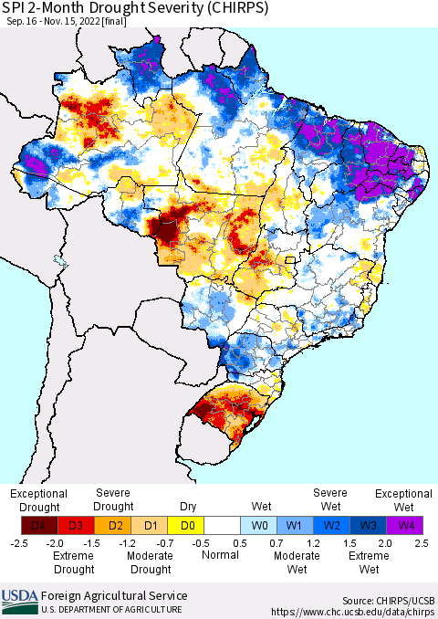 Brazil SPI 2-Month Drought Severity (CHIRPS) Thematic Map For 9/16/2022 - 11/15/2022