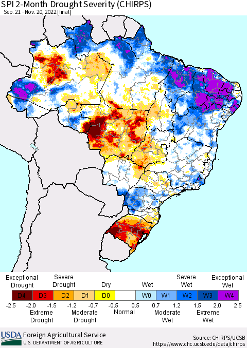 Brazil SPI 2-Month Drought Severity (CHIRPS) Thematic Map For 9/21/2022 - 11/20/2022