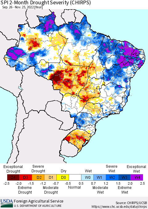 Brazil SPI 2-Month Drought Severity (CHIRPS) Thematic Map For 9/26/2022 - 11/25/2022