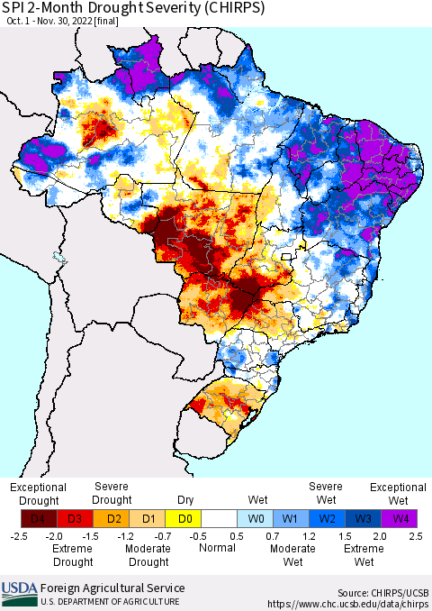 Brazil SPI 2-Month Drought Severity (CHIRPS) Thematic Map For 10/1/2022 - 11/30/2022