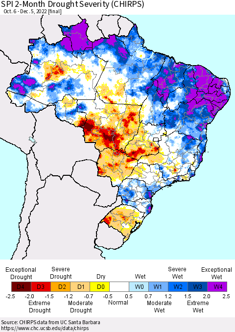 Brazil SPI 2-Month Drought Severity (CHIRPS) Thematic Map For 10/6/2022 - 12/5/2022