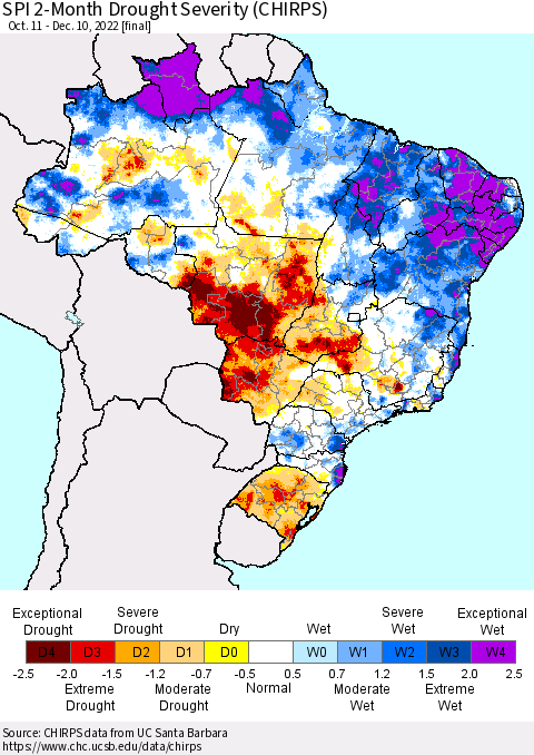 Brazil SPI 2-Month Drought Severity (CHIRPS) Thematic Map For 10/11/2022 - 12/10/2022