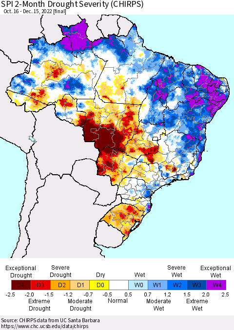 Brazil SPI 2-Month Drought Severity (CHIRPS) Thematic Map For 10/16/2022 - 12/15/2022