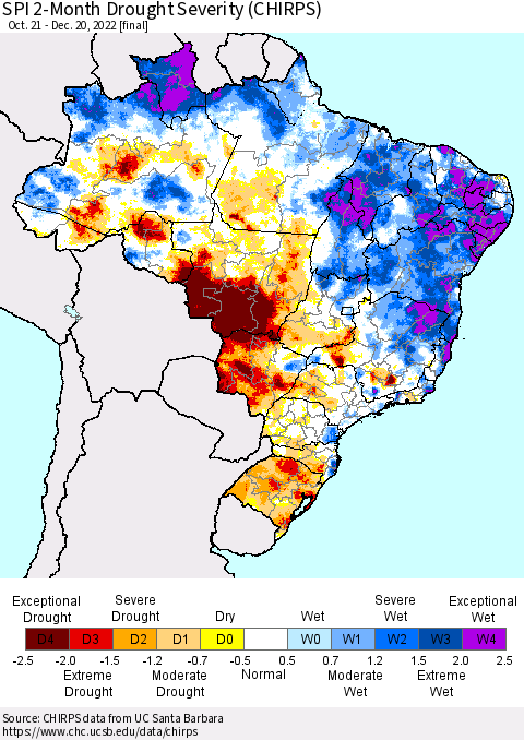 Brazil SPI 2-Month Drought Severity (CHIRPS) Thematic Map For 10/21/2022 - 12/20/2022