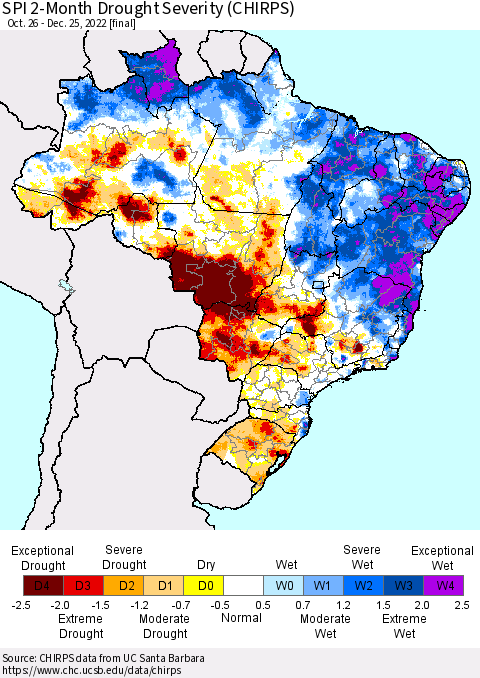 Brazil SPI 2-Month Drought Severity (CHIRPS) Thematic Map For 10/26/2022 - 12/25/2022
