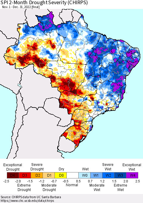 Brazil SPI 2-Month Drought Severity (CHIRPS) Thematic Map For 11/1/2022 - 12/31/2022
