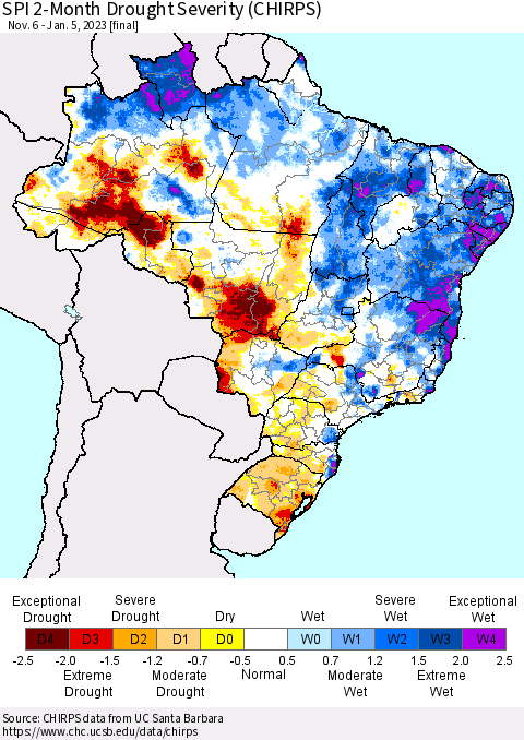 Brazil SPI 2-Month Drought Severity (CHIRPS) Thematic Map For 11/6/2022 - 1/5/2023