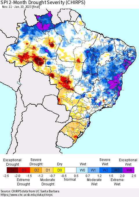 Brazil SPI 2-Month Drought Severity (CHIRPS) Thematic Map For 11/11/2022 - 1/10/2023