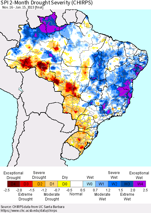 Brazil SPI 2-Month Drought Severity (CHIRPS) Thematic Map For 11/16/2022 - 1/15/2023