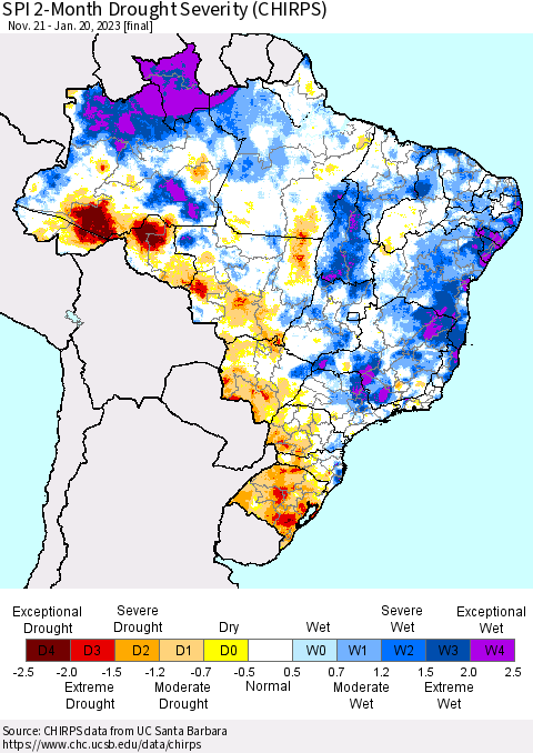 Brazil SPI 2-Month Drought Severity (CHIRPS) Thematic Map For 11/21/2022 - 1/20/2023