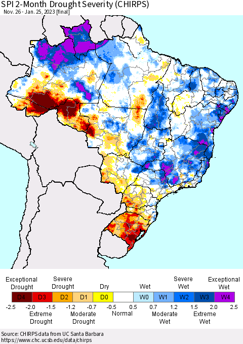Brazil SPI 2-Month Drought Severity (CHIRPS) Thematic Map For 11/26/2022 - 1/25/2023