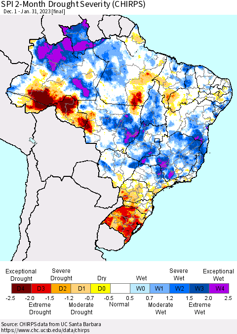 Brazil SPI 2-Month Drought Severity (CHIRPS) Thematic Map For 12/1/2022 - 1/31/2023