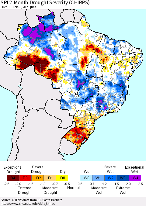 Brazil SPI 2-Month Drought Severity (CHIRPS) Thematic Map For 12/6/2022 - 2/5/2023