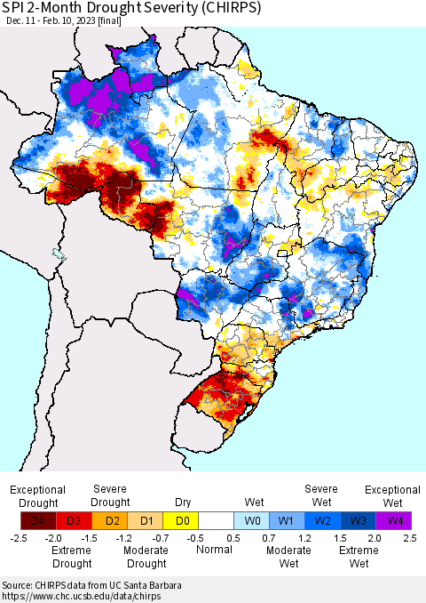 Brazil SPI 2-Month Drought Severity (CHIRPS) Thematic Map For 12/11/2022 - 2/10/2023