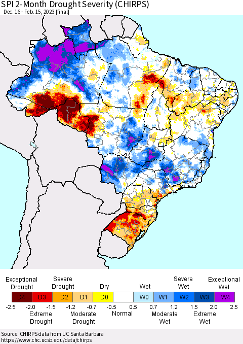 Brazil SPI 2-Month Drought Severity (CHIRPS) Thematic Map For 12/16/2022 - 2/15/2023
