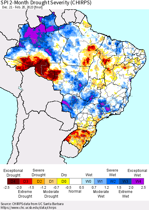 Brazil SPI 2-Month Drought Severity (CHIRPS) Thematic Map For 12/21/2022 - 2/20/2023
