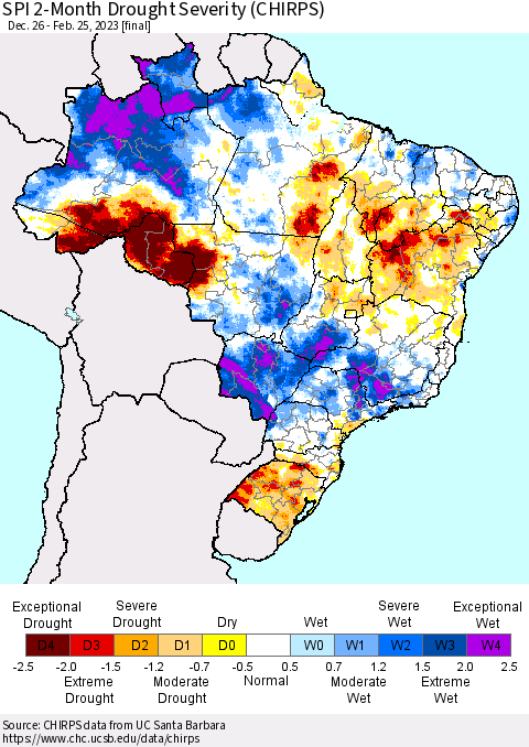 Brazil SPI 2-Month Drought Severity (CHIRPS) Thematic Map For 12/26/2022 - 2/25/2023