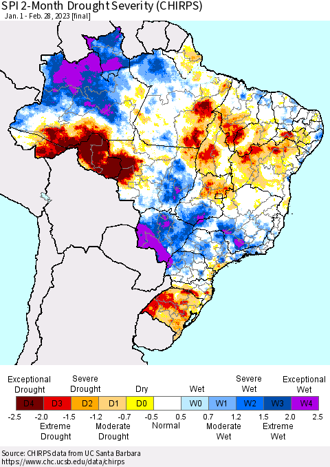 Brazil SPI 2-Month Drought Severity (CHIRPS) Thematic Map For 1/1/2023 - 2/28/2023