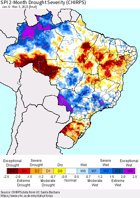 Brazil SPI 2-Month Drought Severity (CHIRPS) Thematic Map For 1/6/2023 - 3/5/2023