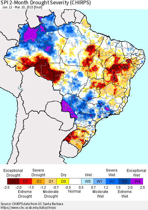 Brazil SPI 2-Month Drought Severity (CHIRPS) Thematic Map For 1/11/2023 - 3/10/2023