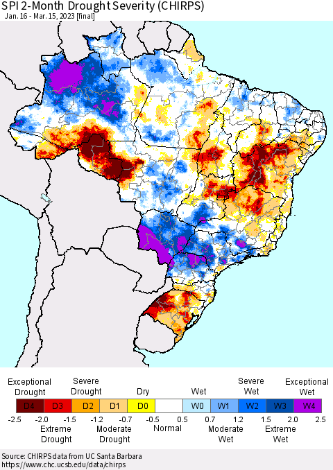 Brazil SPI 2-Month Drought Severity (CHIRPS) Thematic Map For 1/16/2023 - 3/15/2023
