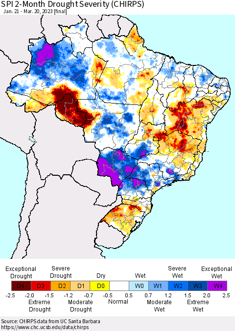 Brazil SPI 2-Month Drought Severity (CHIRPS) Thematic Map For 1/21/2023 - 3/20/2023