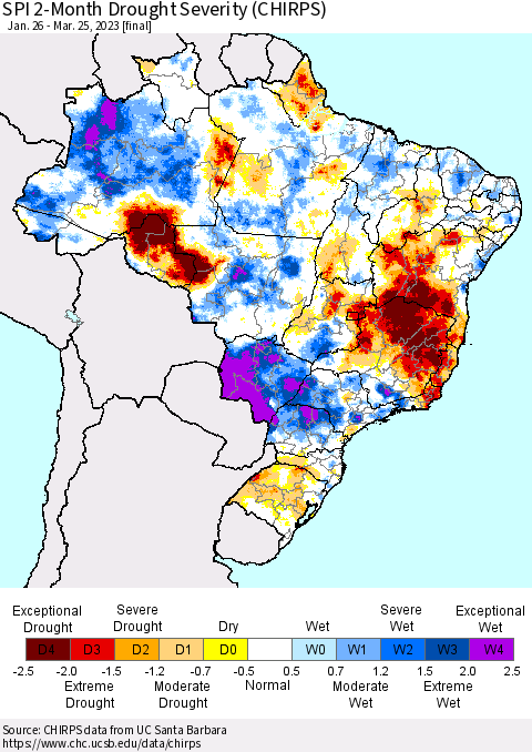 Brazil SPI 2-Month Drought Severity (CHIRPS) Thematic Map For 1/26/2023 - 3/25/2023