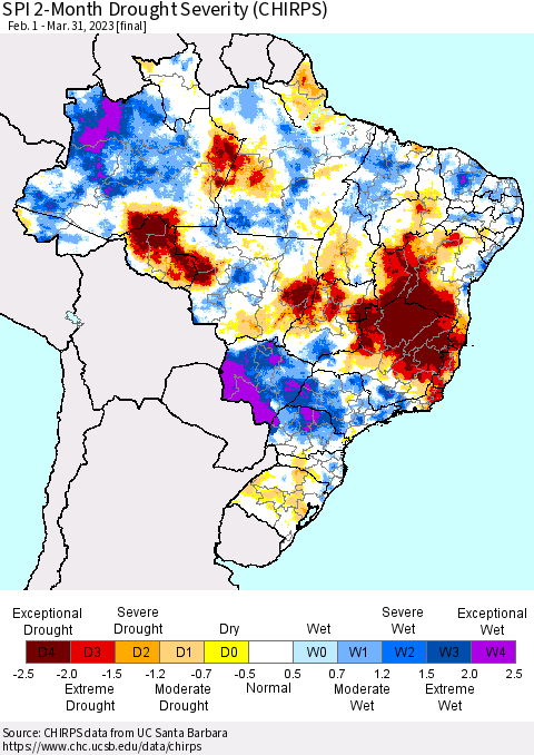 Brazil SPI 2-Month Drought Severity (CHIRPS) Thematic Map For 2/1/2023 - 3/31/2023