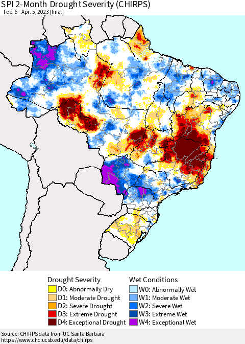 Brazil SPI 2-Month Drought Severity (CHIRPS) Thematic Map For 2/6/2023 - 4/5/2023