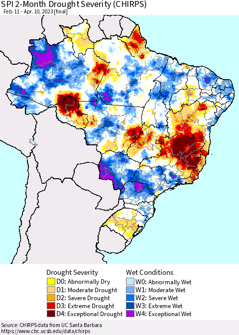 Brazil SPI 2-Month Drought Severity (CHIRPS) Thematic Map For 2/11/2023 - 4/10/2023