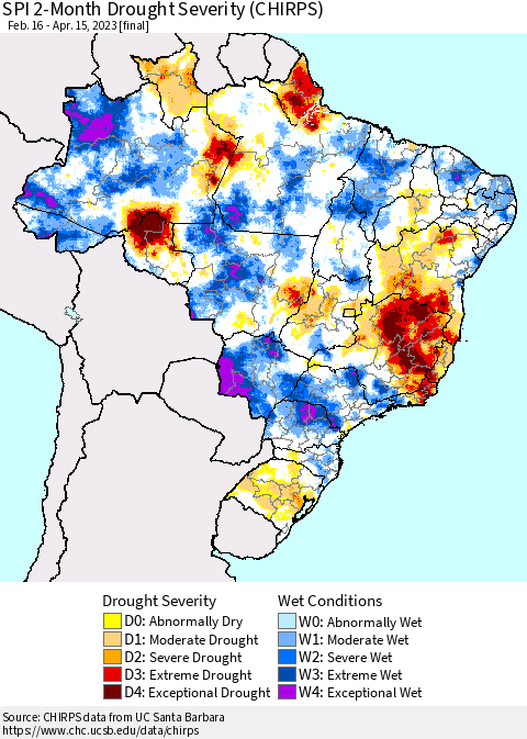 Brazil SPI 2-Month Drought Severity (CHIRPS) Thematic Map For 2/16/2023 - 4/15/2023