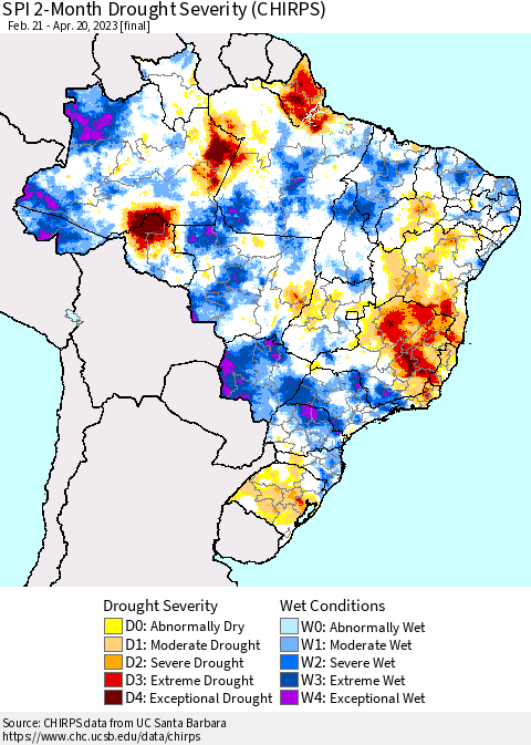 Brazil SPI 2-Month Drought Severity (CHIRPS) Thematic Map For 2/21/2023 - 4/20/2023