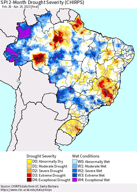 Brazil SPI 2-Month Drought Severity (CHIRPS) Thematic Map For 2/26/2023 - 4/25/2023