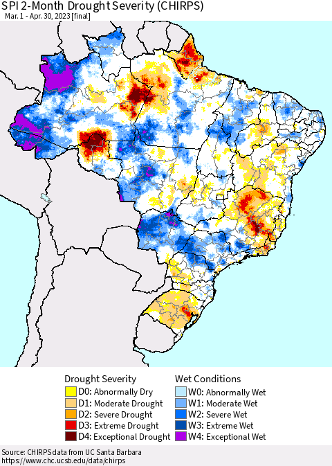 Brazil SPI 2-Month Drought Severity (CHIRPS) Thematic Map For 3/1/2023 - 4/30/2023
