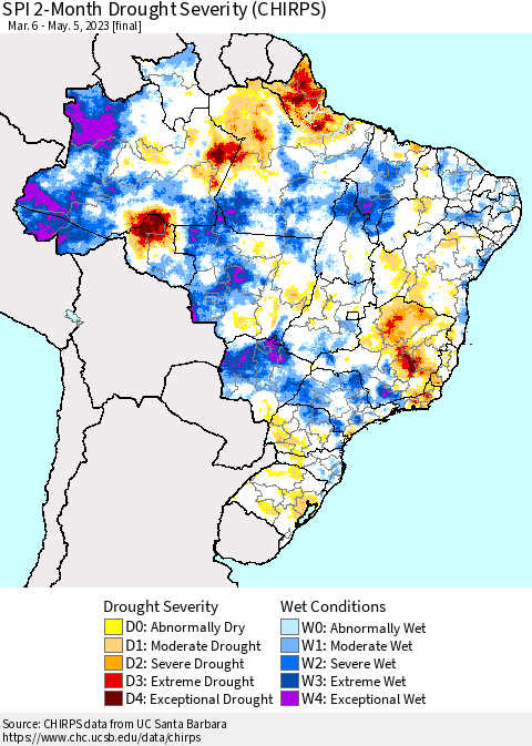 Brazil SPI 2-Month Drought Severity (CHIRPS) Thematic Map For 3/6/2023 - 5/5/2023