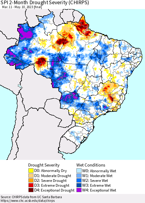 Brazil SPI 2-Month Drought Severity (CHIRPS) Thematic Map For 3/11/2023 - 5/10/2023