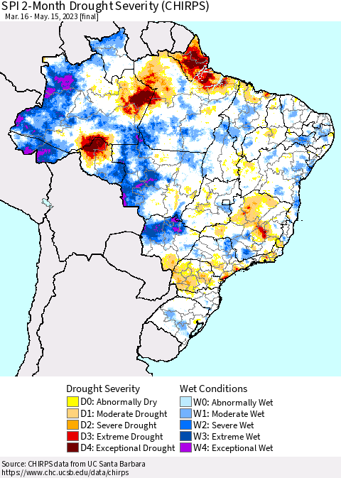 Brazil SPI 2-Month Drought Severity (CHIRPS) Thematic Map For 3/16/2023 - 5/15/2023