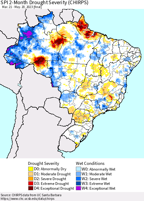 Brazil SPI 2-Month Drought Severity (CHIRPS) Thematic Map For 3/21/2023 - 5/20/2023