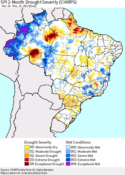 Brazil SPI 2-Month Drought Severity (CHIRPS) Thematic Map For 3/26/2023 - 5/25/2023