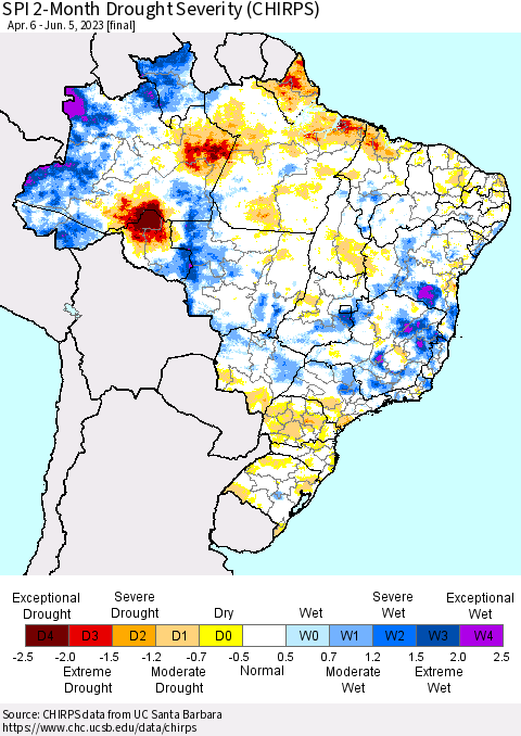 Brazil SPI 2-Month Drought Severity (CHIRPS) Thematic Map For 4/6/2023 - 6/5/2023