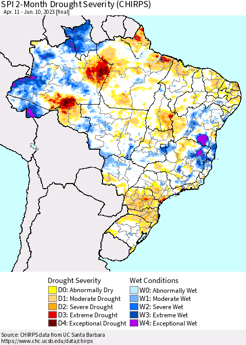 Brazil SPI 2-Month Drought Severity (CHIRPS) Thematic Map For 4/11/2023 - 6/10/2023