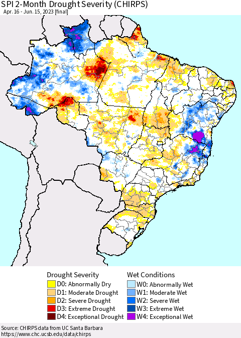 Brazil SPI 2-Month Drought Severity (CHIRPS) Thematic Map For 4/16/2023 - 6/15/2023