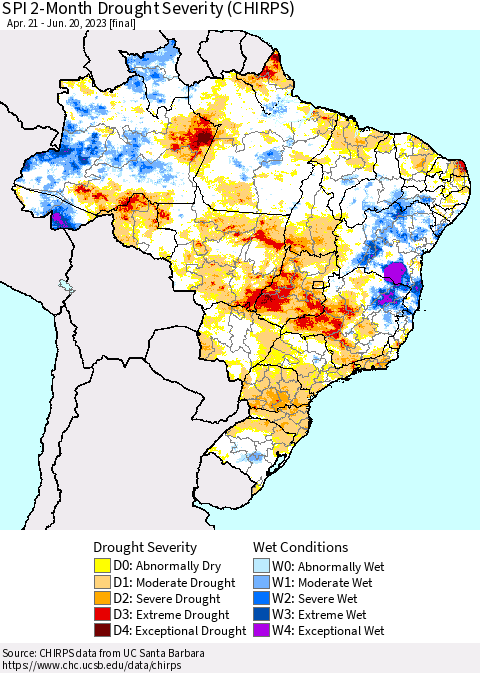 Brazil SPI 2-Month Drought Severity (CHIRPS) Thematic Map For 4/21/2023 - 6/20/2023